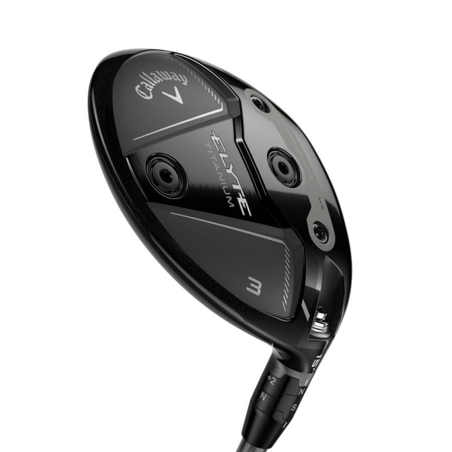 A close-up of the black Callaway Elyte Titanium Fairway Wood showcases its sleek design, Step Sole technology, adjustable features, and Elyte Titanium branding.