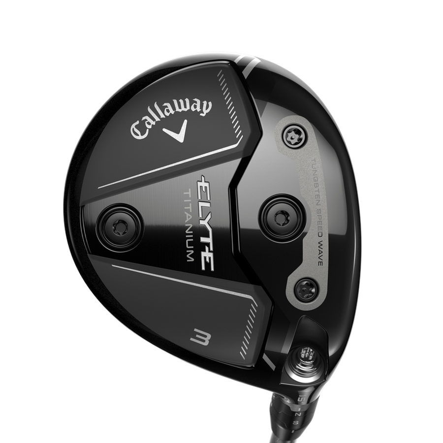 Close-up of the Callaway Elyte Titanium Fairway Wood head, labeled Elyte Titanium 3, showcasing metal screws, Step Sole design, and prominent branding on its sleek black surface.