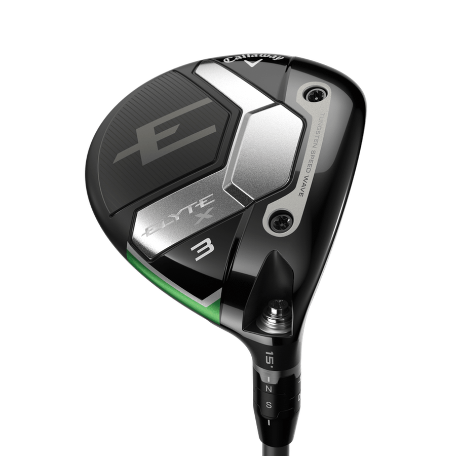 Close-up image of a Callaway Ladies Elyte X Fairway Wood, marked 3 and 15°, highlighting its sleek black, silver, and green design with advanced Tungsten Speed Wave technology.