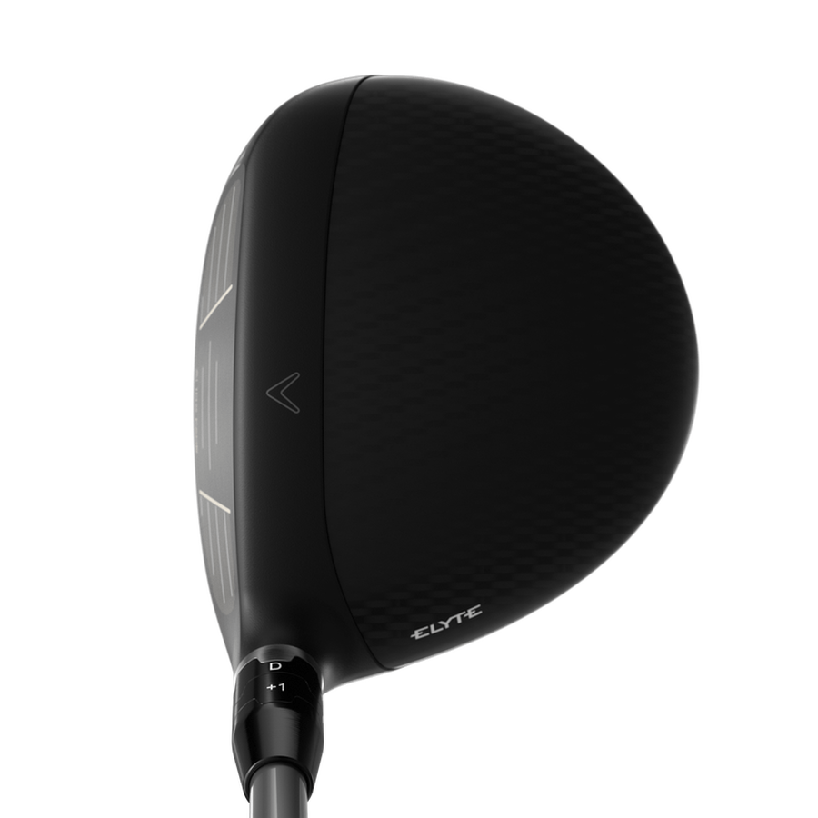 Close-up of the Callaway Ladies Elyte X Fairway Wood’s black matte carbon fiber head, showing ELV8TE on the side, club face, adjustable hosel markings, and innovative Tungsten Speed Wave technology from above.