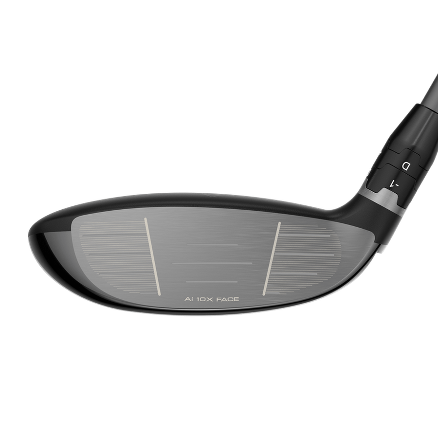A close-up of the Callaway Ladies Elyte X Fairway Wood club head shows the face with etched lines and AI 10X FACE text. The hosel, part of the shaft, and Step Sole design are also visible.