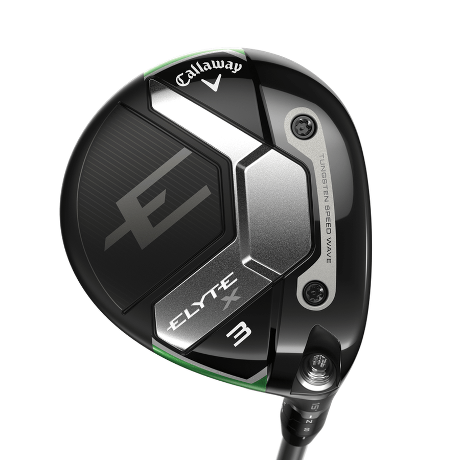The Callaway Ladies Elyte X Fairway Wood features a black and silver head with green accents, ELYTE X and 3 markings, a stylized E logo, visible adjustment screws, and advanced Tungsten Speed Wave technology.