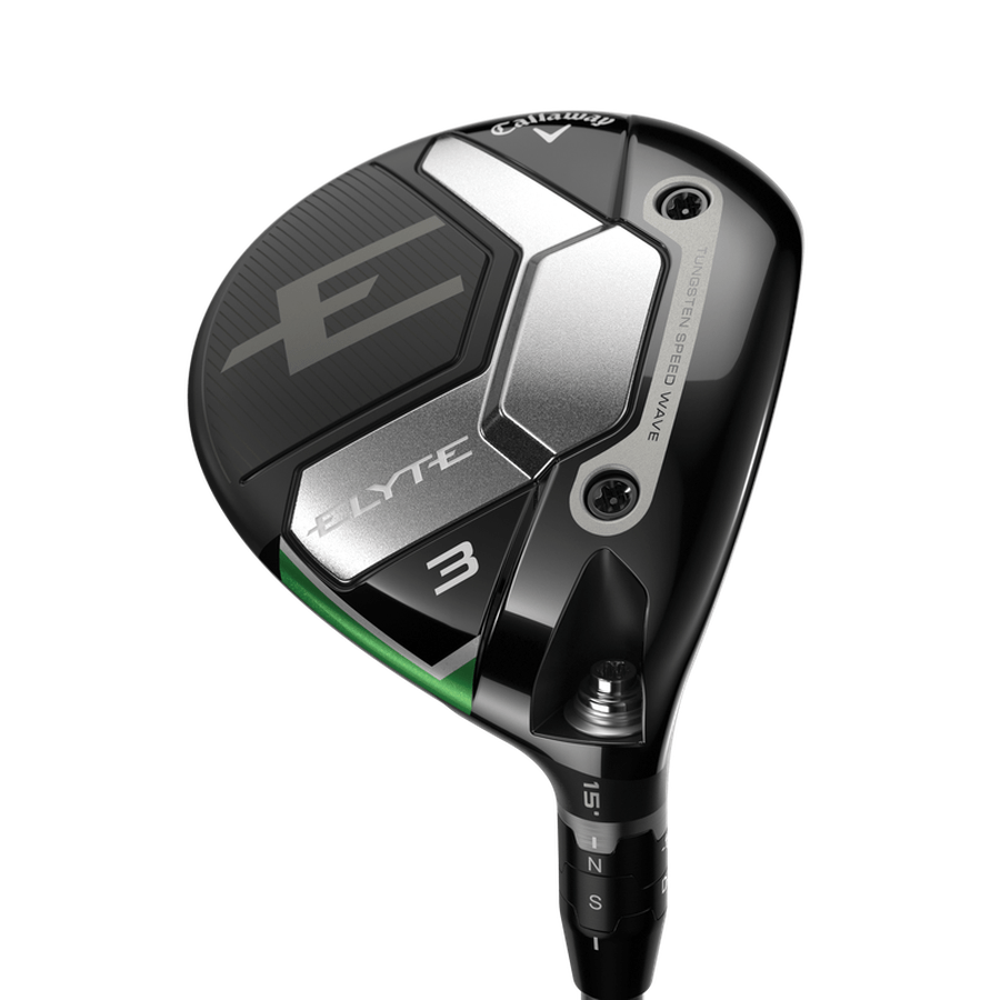 A close-up of a Callaway Elyte Fairway Wood club head, showcasing its sleek black and silver design with geometric patterns, branding, adjustment markings near the hosel, and Tungsten Speed Wave technology.