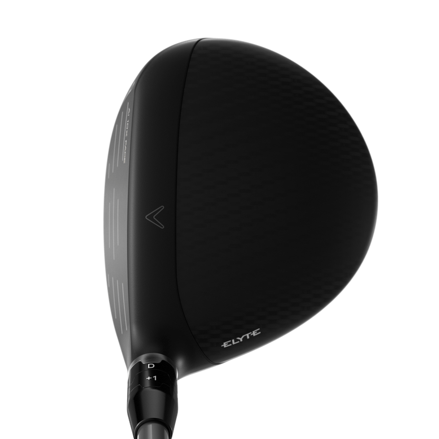 A close-up of the black Callaway Elyte Fairway Wood clubhead with a carbon fiber texture and ELYTE near the heel, featuring an advanced Ai 10x Face, is shown from above.