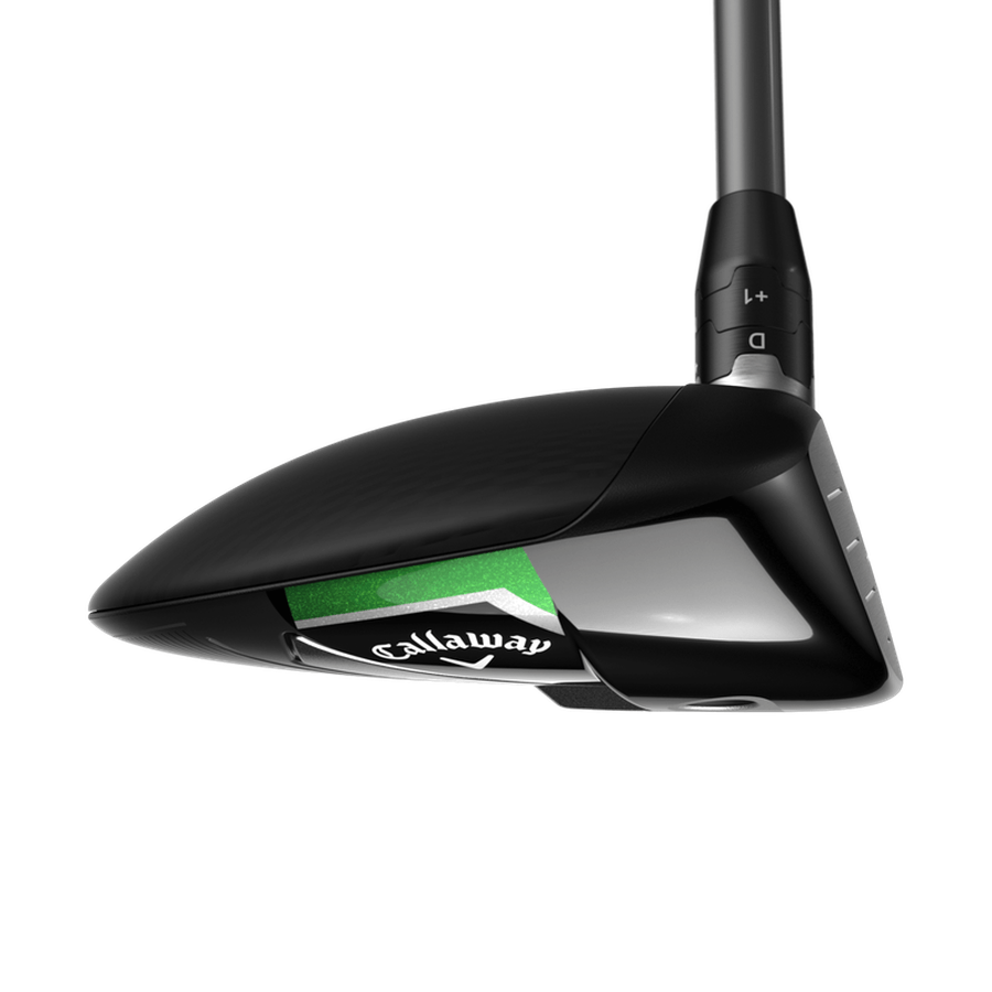Close-up of a Callaway Elyte Fairway Wood clubhead, with a shiny black finish, angular lines, and Tungsten Speed Wave technology. Adjustment markings on the hosel and the Callaway logo are clearly visible on the sole.