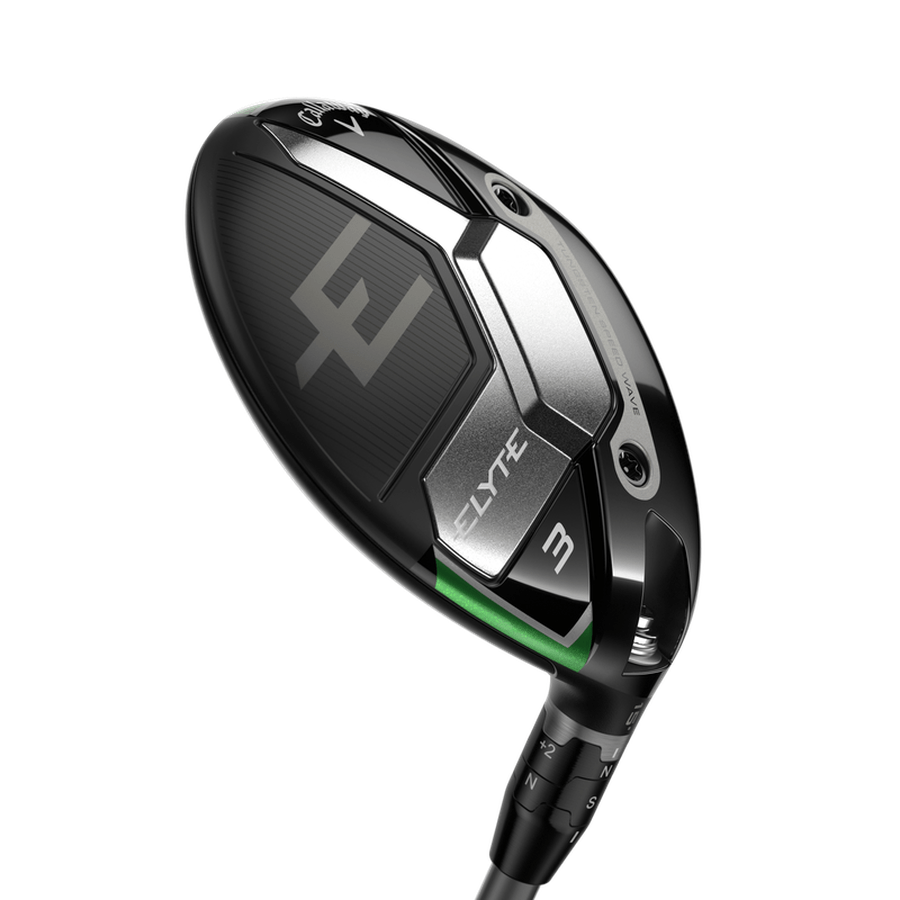 A close-up of the Callaway Elyte Fairway Wood, labeled Elyte 3, showing its sleek black and silver design with green accents, distinct geometric patterns, and innovative Tungsten Speed Wave for enhanced performance.