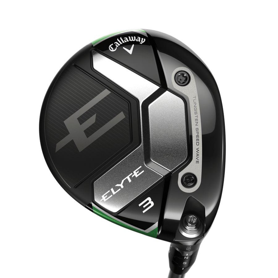A close-up of a Callaway Elyte Fairway Wood head, showcasing a sleek black and silver design with green accents, the innovative Step Sole Design, and Tungsten Speed Wave text on the side.