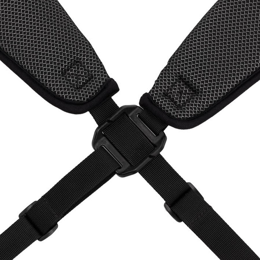 Close-up of the Ping Hoofer 231 Golf Carry Bag’s lightweight, black, padded, textured shoulder straps with adjustable black plastic buckles and nylon straps, displayed against a white background.