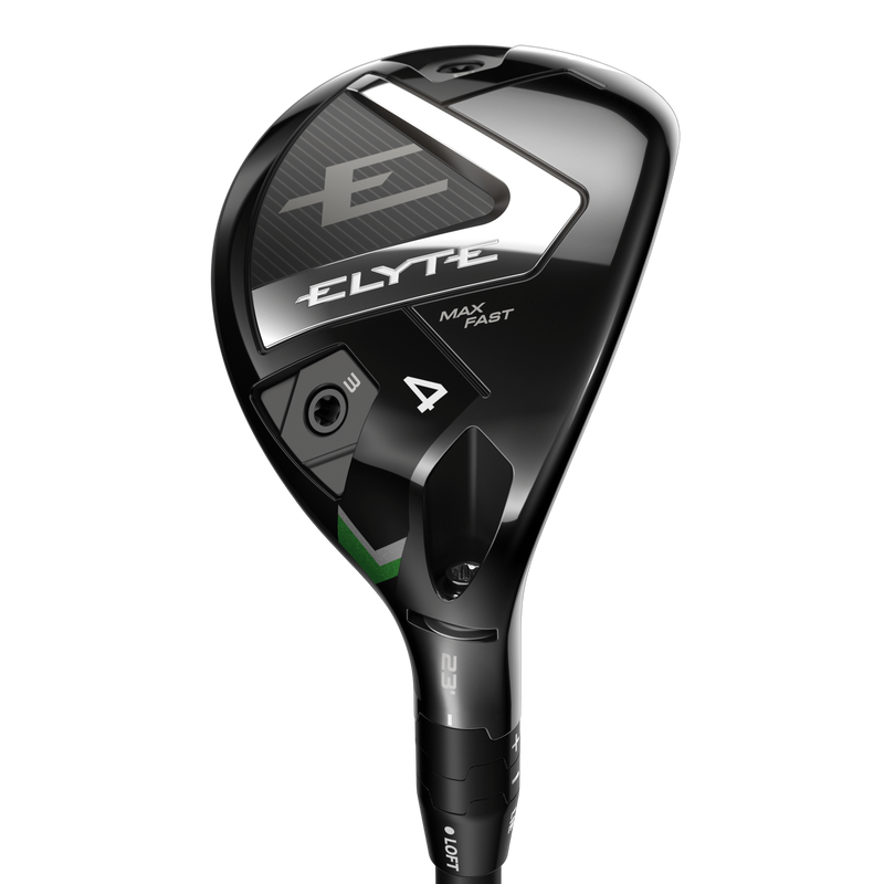 The Callaway Ladies Elyte Max Fast Hybrid golf club head is black with a sleek design, MAX FAST branding, a stylized E logo, Ai 10x Face tech, the number 4, and geometric detailing.