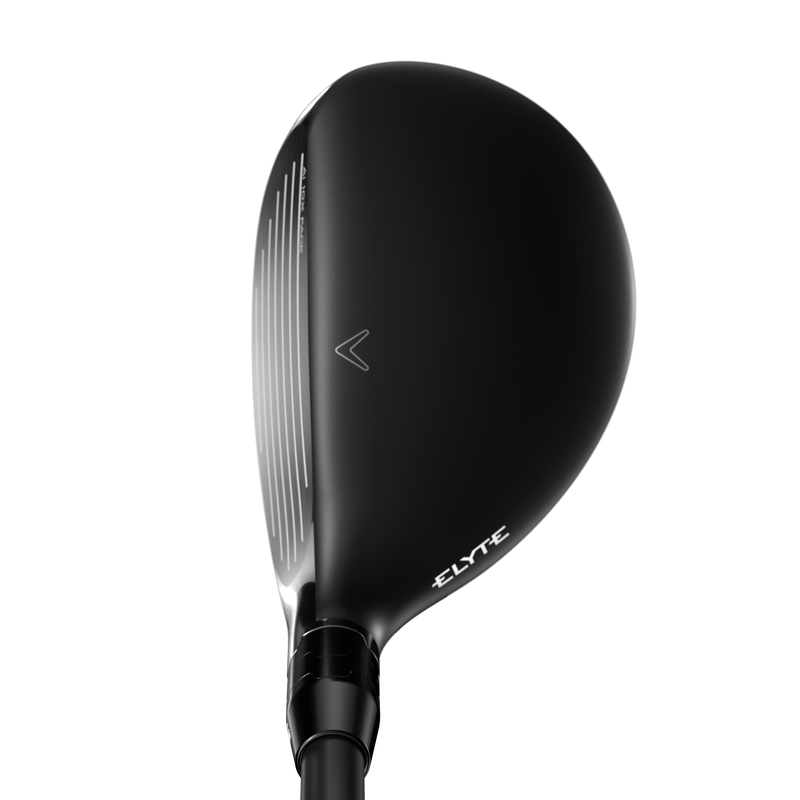 A close-up of the top of a black Callaway Ladies Elyte Max Fast Hybrid club head with a matte finish, white alignment markings, adjustable weighting, and ELATE printed near the edge.