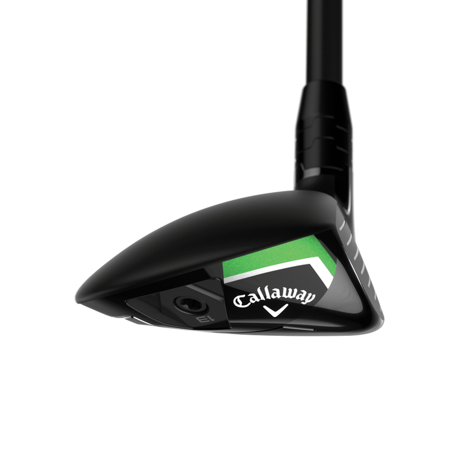 A close-up of the Callaway Ladies Elyte Max Fast Hybrid club head highlights its black finish, brand logo, green and white accents on the sole, and advanced Ai 10x Face technology.