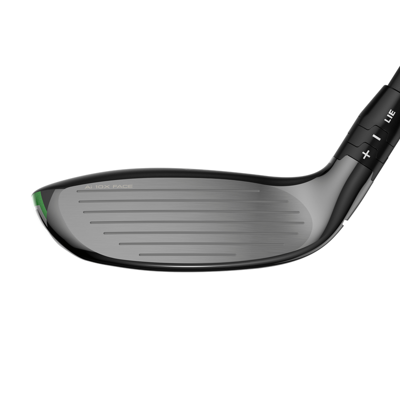 Close-up of the Callaway Ladies Elyte Max Fast Hybrid club head, showing its Ai 10x Face with horizontal grooves, green toe accent, adjustable hosel settings, and adjustable weighting area.