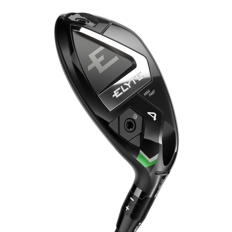 A close-up of the Callaway Ladies Elyte Max Fast Hybrid golf club head in black and silver highlights its sleek design, branding, adjustable weighting, and advanced Ai 10x Face technology.