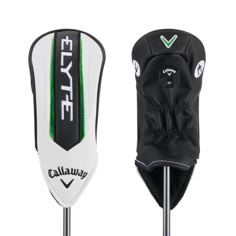 Two golf club headcovers: one white with black/green accents and Ai 10x Face, Elyte, and Callaway logos; the other black with white/green details featuring a V logo and 3H—perfect for your Callaway Ladies Elyte Max Fast Hybrid.