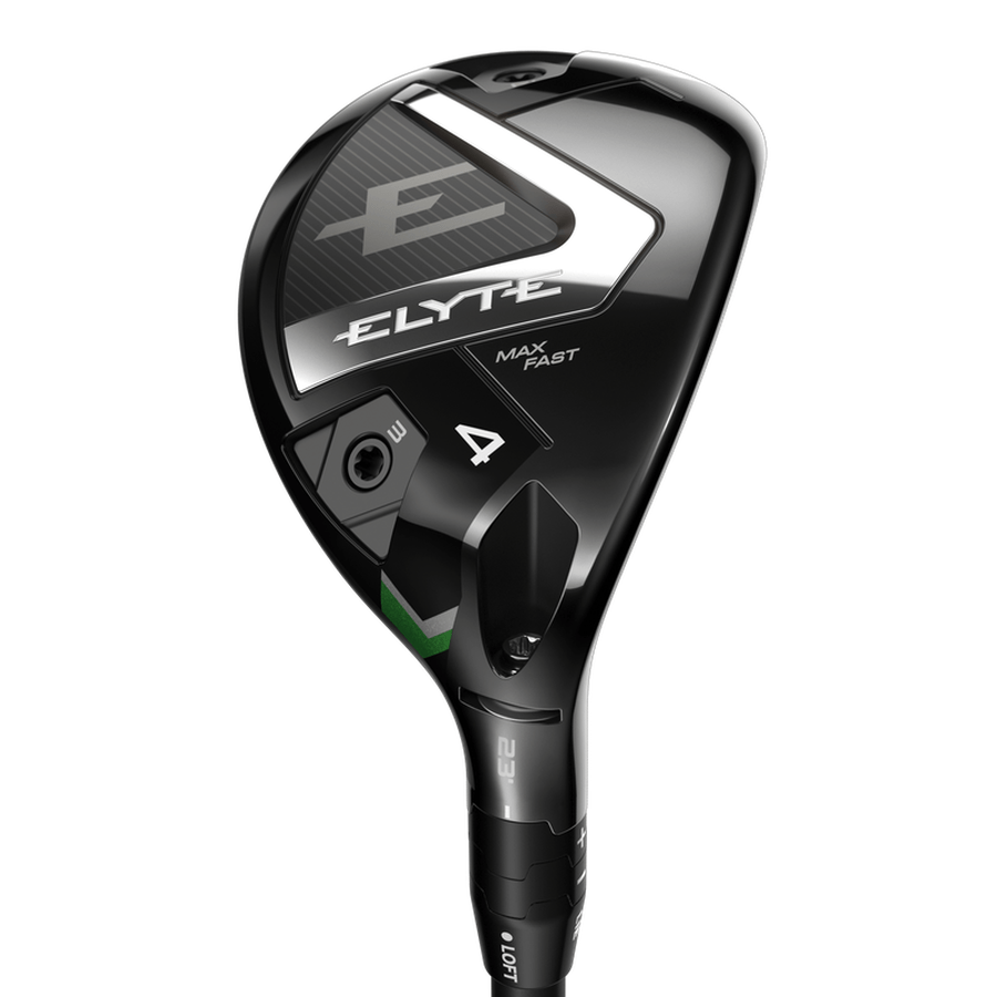 The Callaway Elyte Max Fast Hybrid features a black head with silver and green accents, bold branding, MAX FAST and 4 labels, textured patterns, adjustable weighting ports, and an innovative Ai 10x Face.