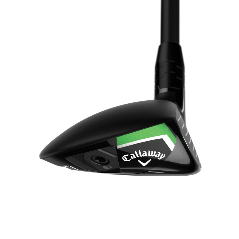 A close-up of the Callaway Elyte Max Fast Hybrid’s underside shows the brand logo and a green, white, and black clubhead design with adjustable weighting for customized performance.