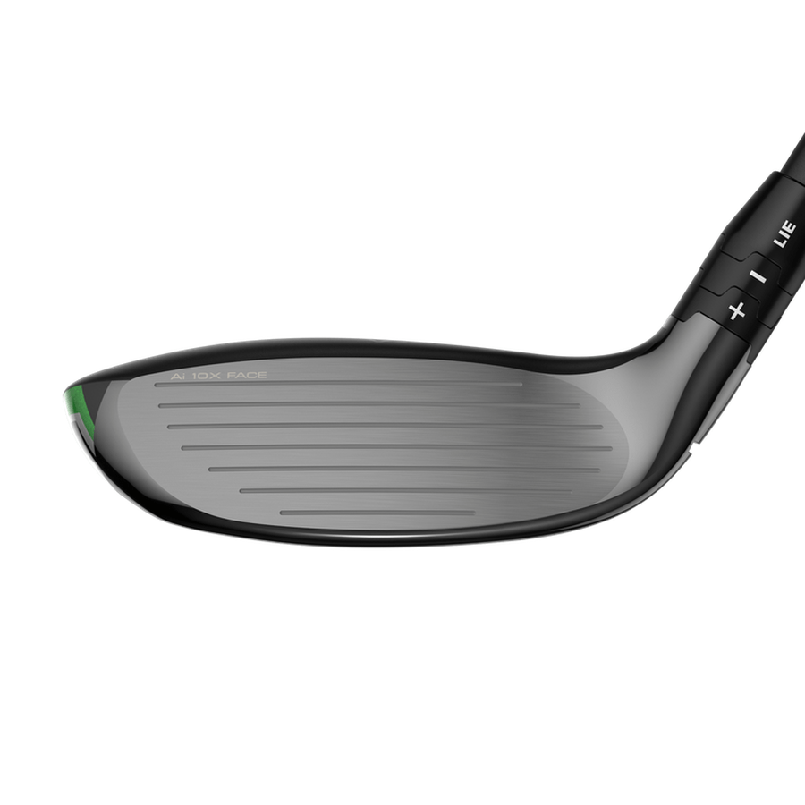 Close-up of the Callaway Elyte Max Fast Hybrid, showcasing its metallic Ai 10x Face with horizontal grooves, adjustable hosel for loft and lie settings, and adjustable weighting for precision performance.