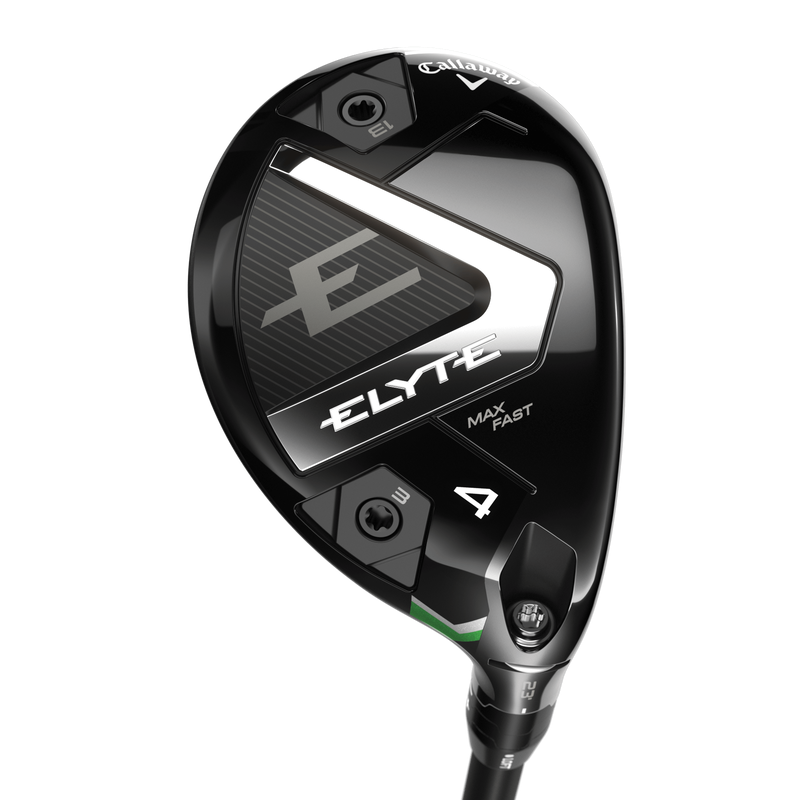 A close-up of the Callaway Elyte Max Fast Hybrid golf club head in black, showing metallic accents, branding, adjustment screws, and the Ai 10x Face technology logo on its lightweight, angled hybrid design.