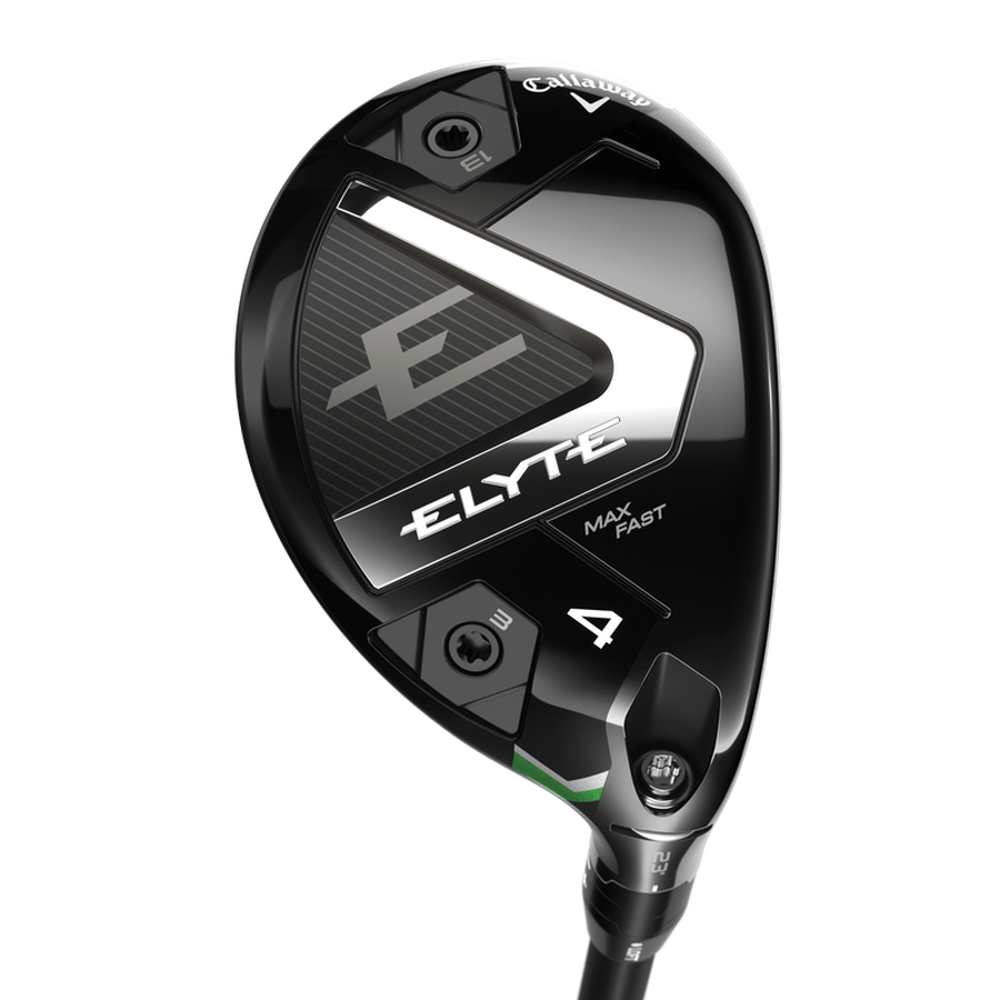 A close-up of the Callaway Elyte Max Fast Hybrid golf club head in black, showing metallic accents, branding, adjustment screws, and the Ai 10x Face technology logo on its lightweight, angled hybrid design.