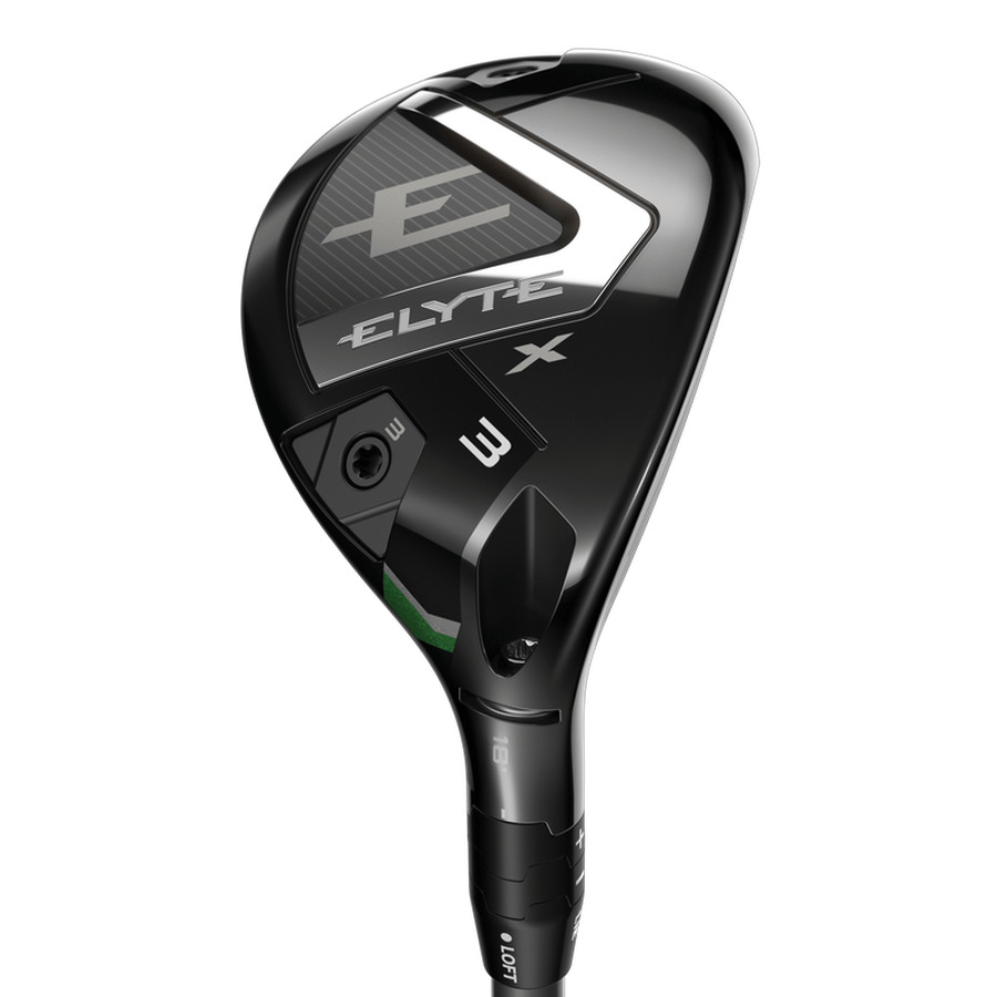 A close-up of the sleek, black Callaway Elyte X Hybrid golf club head marked Elyte X 3, showcasing a modern design, Ai 10x Face technology, and reflective surfaces.