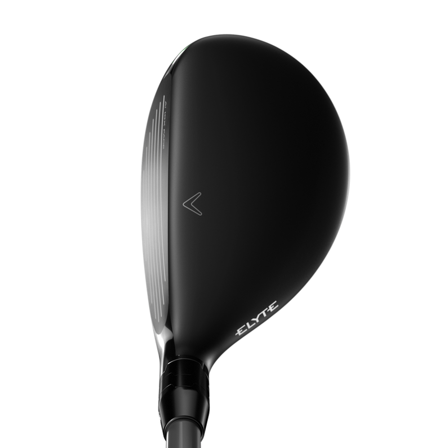A black Callaway Elyte X Hybrid golf club viewed from above, showcasing a sleek head with subtle grooves, an arrow-shaped alignment mark, Ai 10x Face tech, and ELYTE printed near the hosel.