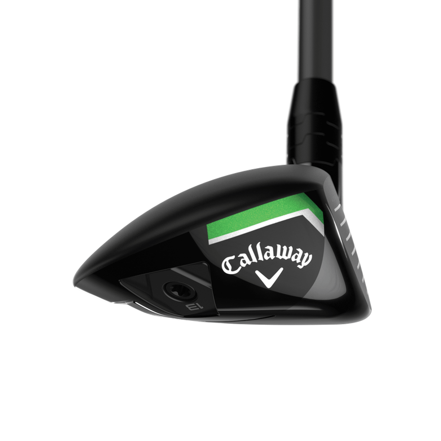 Close-up of the Callaway Elyte X Hybrid golf club head in black with green and white accents, showcasing the Callaway logo, Ai 10x Face technology, and an adjustable weight labeled E.
