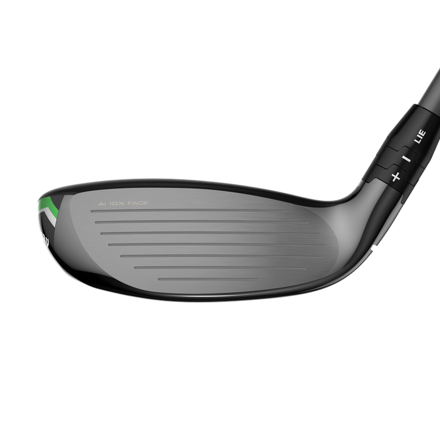 Close-up of the Callaway Elyte X Hybrid club head, featuring its Ai 10x Face with grooves, adjustable hybrid settings marked with plus/minus signs, and a sleek black and silver design accented in green.