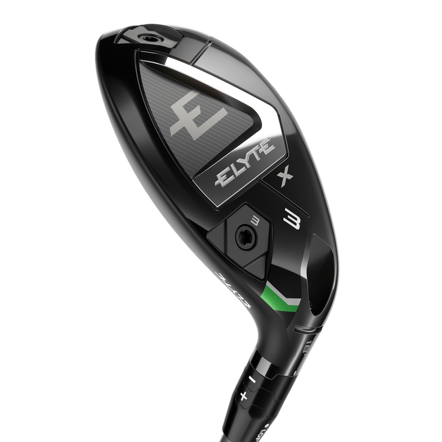 A close-up of the Callaway Elyte X Hybrid golf club head highlights its silver, white, and green details, the number 3, Ai 10x Face technology, adjustable hybrid settings, and a sleek modern design.