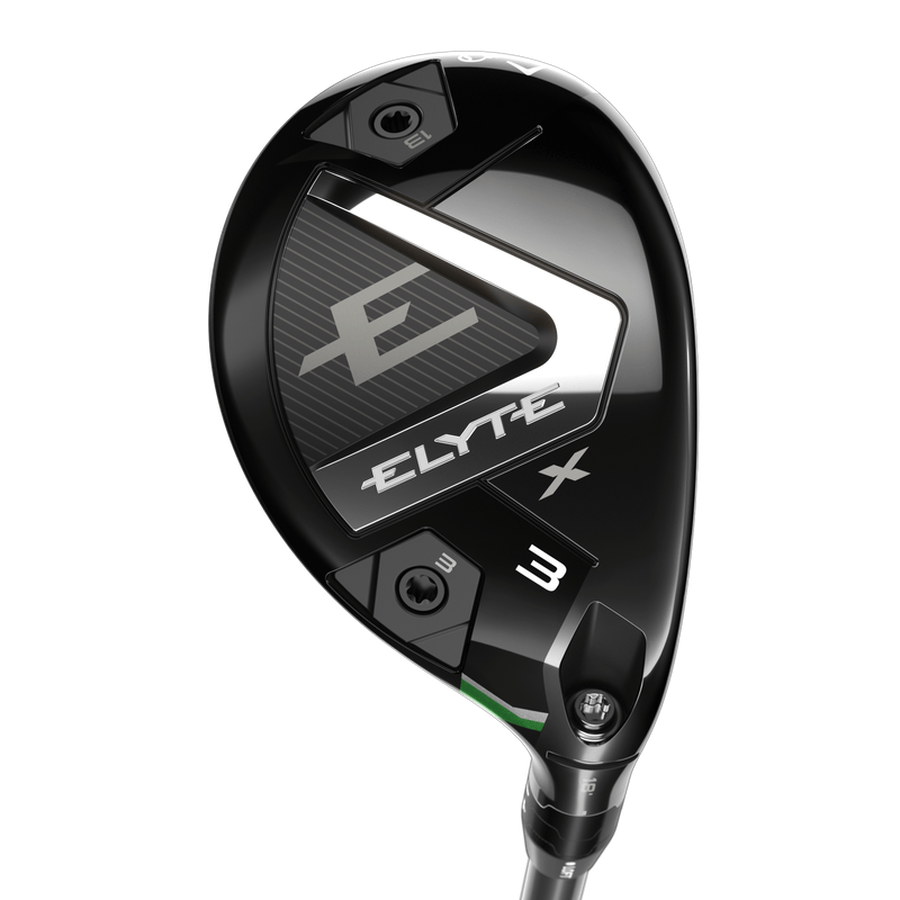 A close-up of the Callaway Elyte X Hybrid golf club head displays its branding, number 3, visible screws for adjustability, and a sleek black finish.