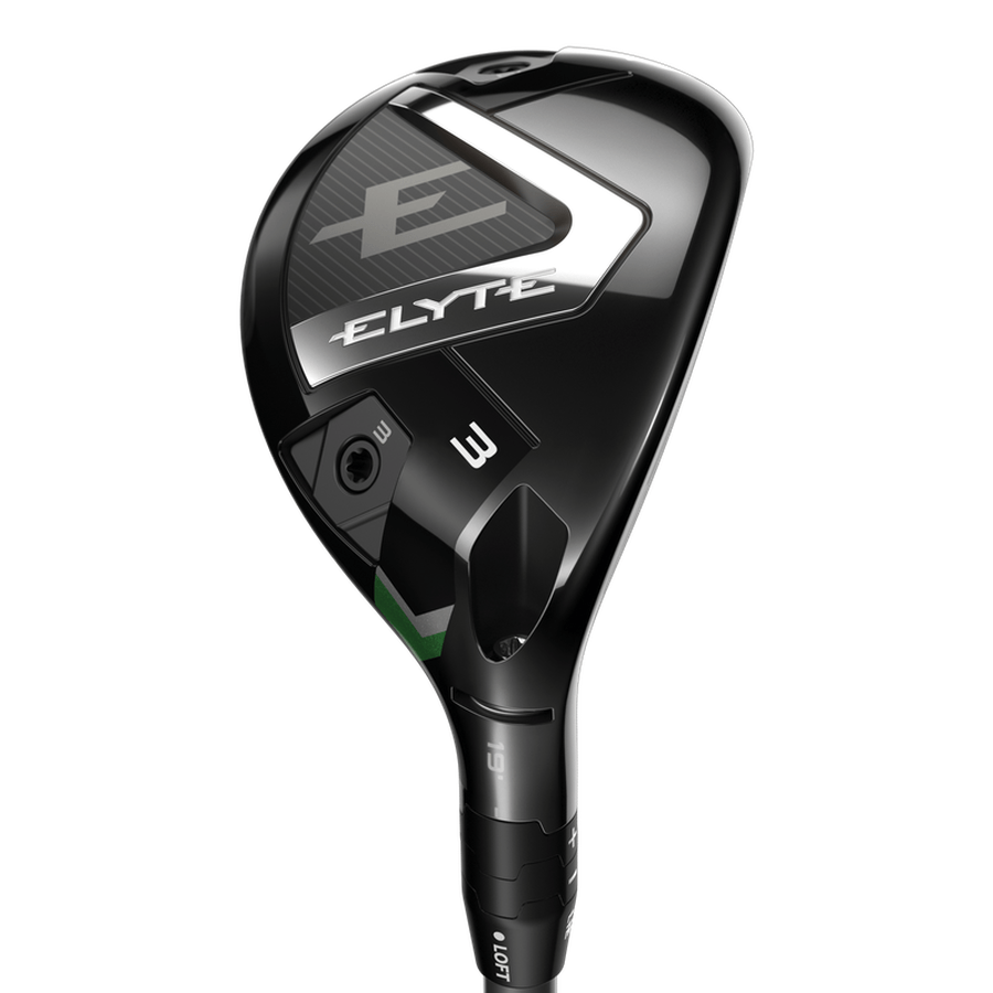 A close-up of the sleek, black Callaway Elyte Hybrid golf club with metallic and green accents highlights its modern design, Ai 10x Face technology, and branding on the clubhead.
