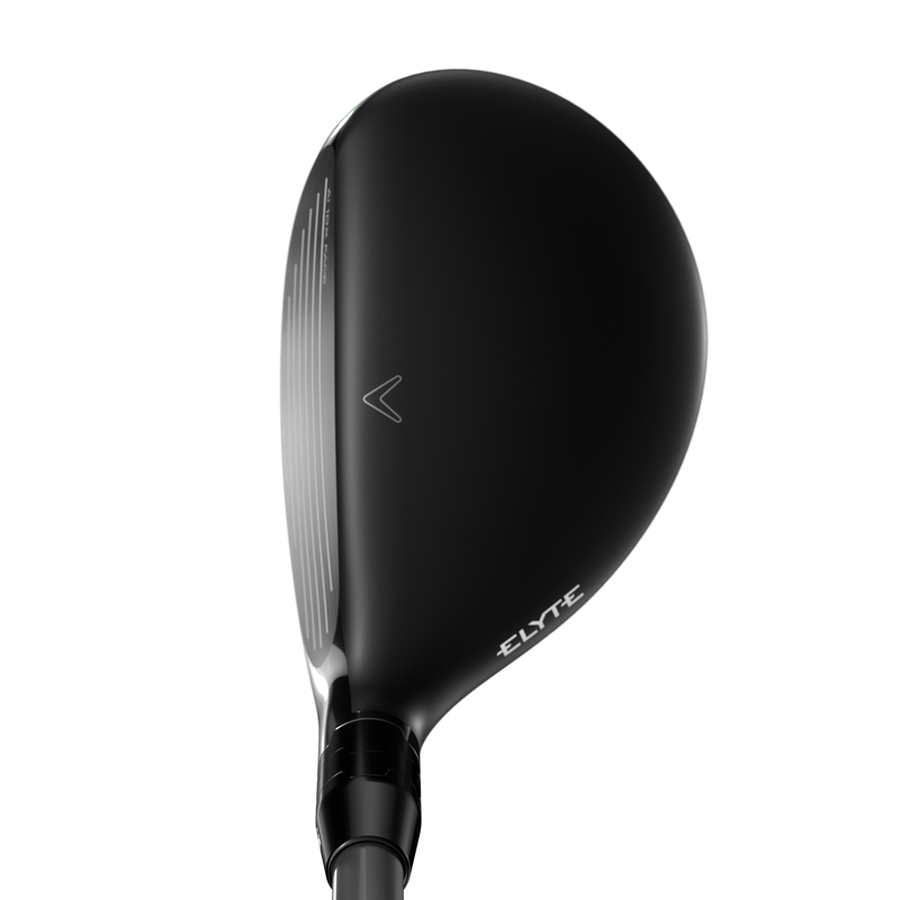 A black Callaway Elyte Hybrid golf club head, viewed from above, featuring a matte finish, adjustable weighting, visible grooves and subtle alignment markings, with white Callaway Elyte branding near the edge.