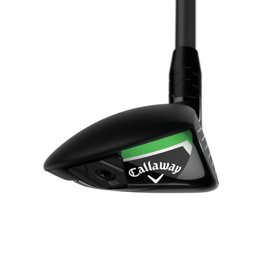 Close-up of the Callaway Elyte Hybrid golf club head in black with green accents and the Callaway logo, angled to highlight its adjustable underside weighting and hosel.