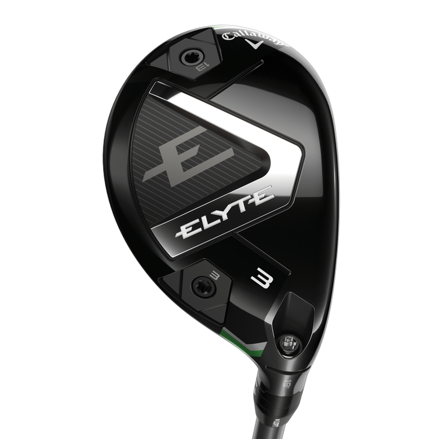 A close-up view of a black Callaway Elyte Hybrid club head, showcasing the club’s logo, adjustable weighting screws, and advanced Ai 10x Face technology.