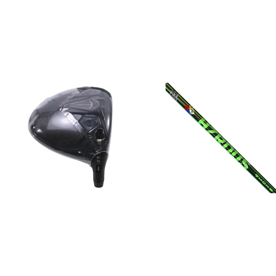 The Cobra Darkspeed Tour Issue Long Drive LS Driver features a black, reflective head on the left and a diagonally placed green and black HZDRUS Green shaft on the right, both set against a white background.