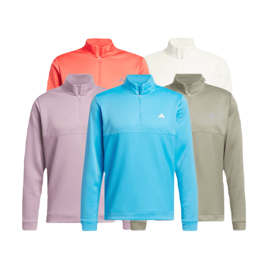 Five Adidas Ultimate365 Textured Quarter-Zip Tops—final sale—in coral, white, lavender, blue, and olive green, made from recycled materials, are displayed side by side on a plain white background.