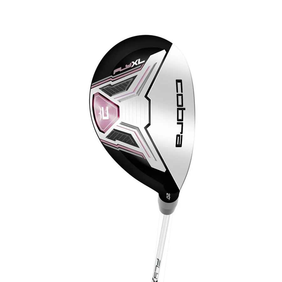 The Cobra Ladies Fly-XL 2 Complete Golf Set includes a womens hybrid club with a stylish black, white, and pink design, cobra branding on the head, and a white shaft—ideal for golfers wanting lightweight, forgiving clubs.
