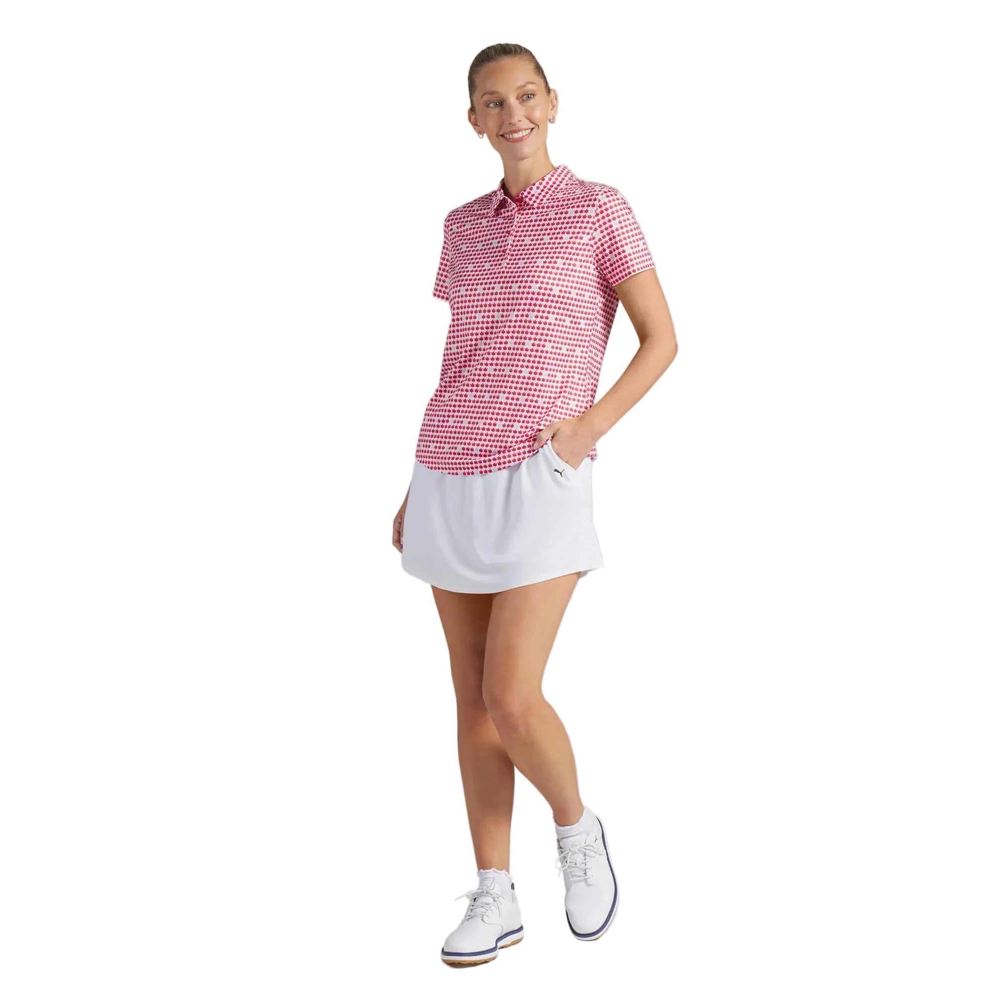 Puma Ladies Maple Leaf Printed Golf Polo - Red