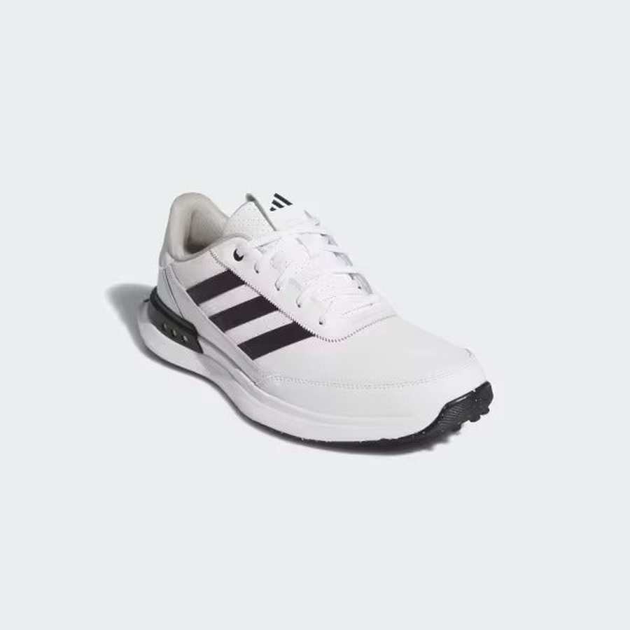 The Adidas S2G 24 Leather Spikeless Golf Shoes in White/Black feature three black stripes, white laces, and black sole detailing, offering running-inspired style and on-course versatility in a sleek design.