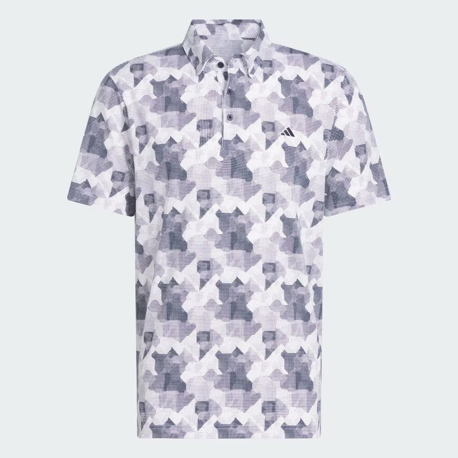 The Adidas 2025 Go-To Printed Polo Shirt is a men’s short-sleeved, collared golf shirt with a gray and white geometric pattern, featuring a small Adidas logo on the left chest and made from recycled materials.