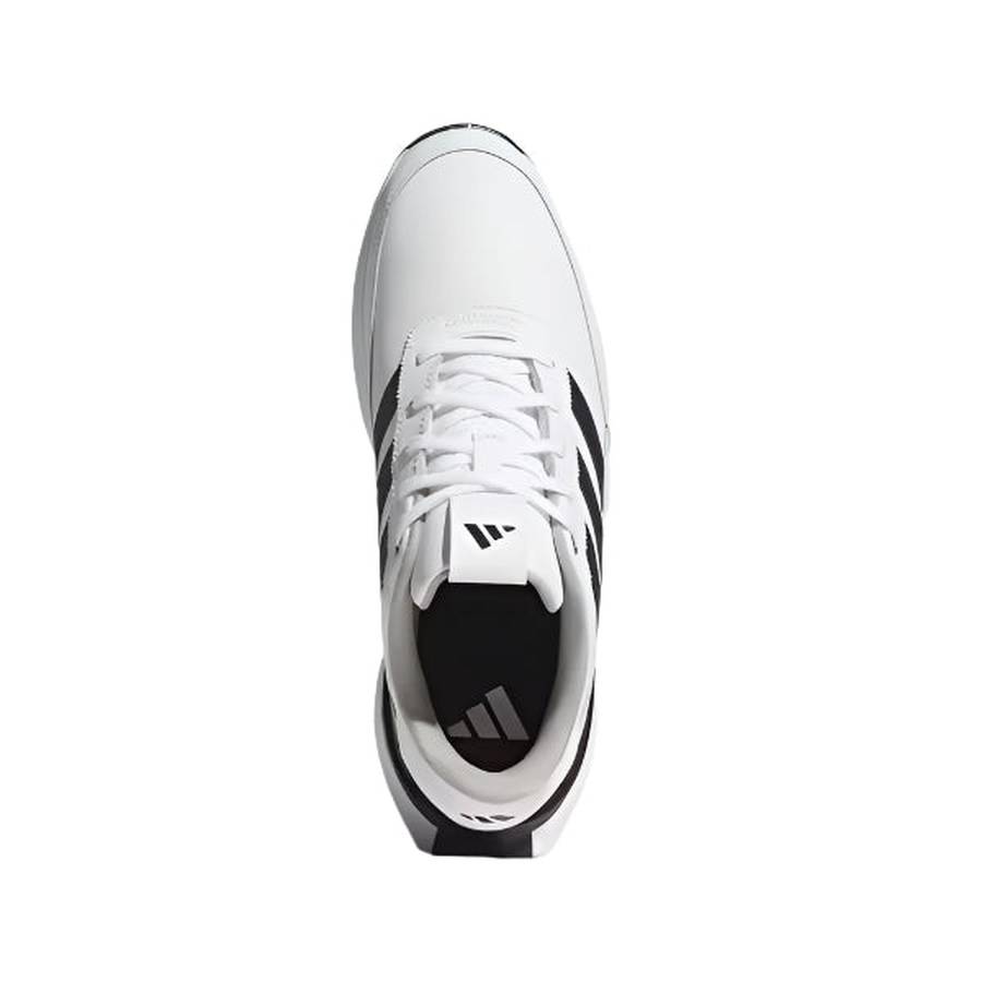 Top view of the Adidas S2G 24 Leather Spikeless Golf Shoes in white/black, featuring black side stripes, white laces, and a black and white tongue logo. The design is clean and minimalist with a running-inspired look.