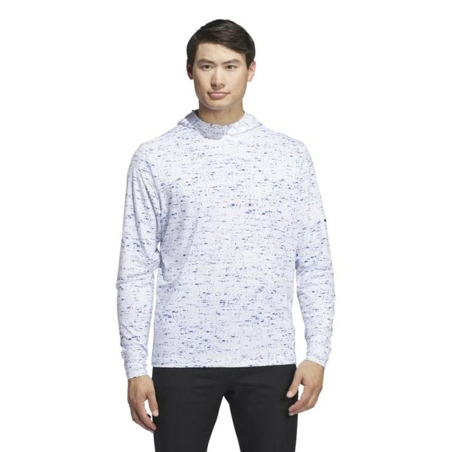 A man stands facing forward in a white Adidas Core Printed Lightweight Hoodie with a blue speckled pattern, part of the Two Pack set, against a plain white background.