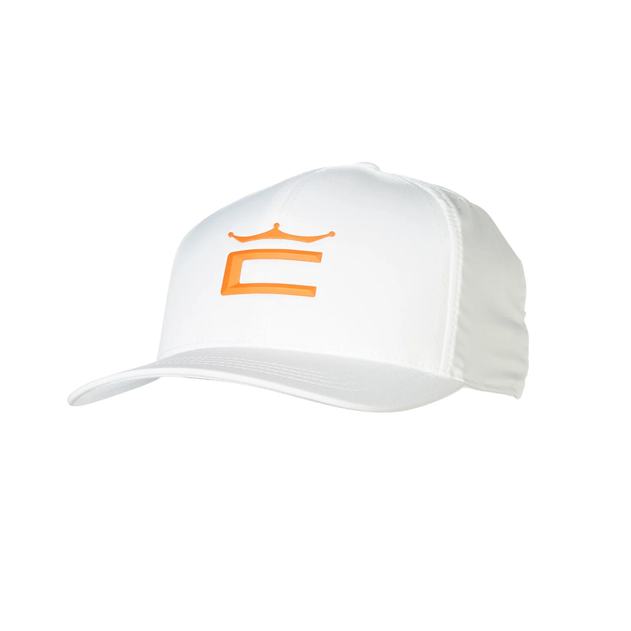 The Cobra Tour Crown Snapback Cap is a white hat with an orange, stylized letter E and a small crown on the front. It features a curved brim, structured fit, and moisture-wicking sweatband for comfort.