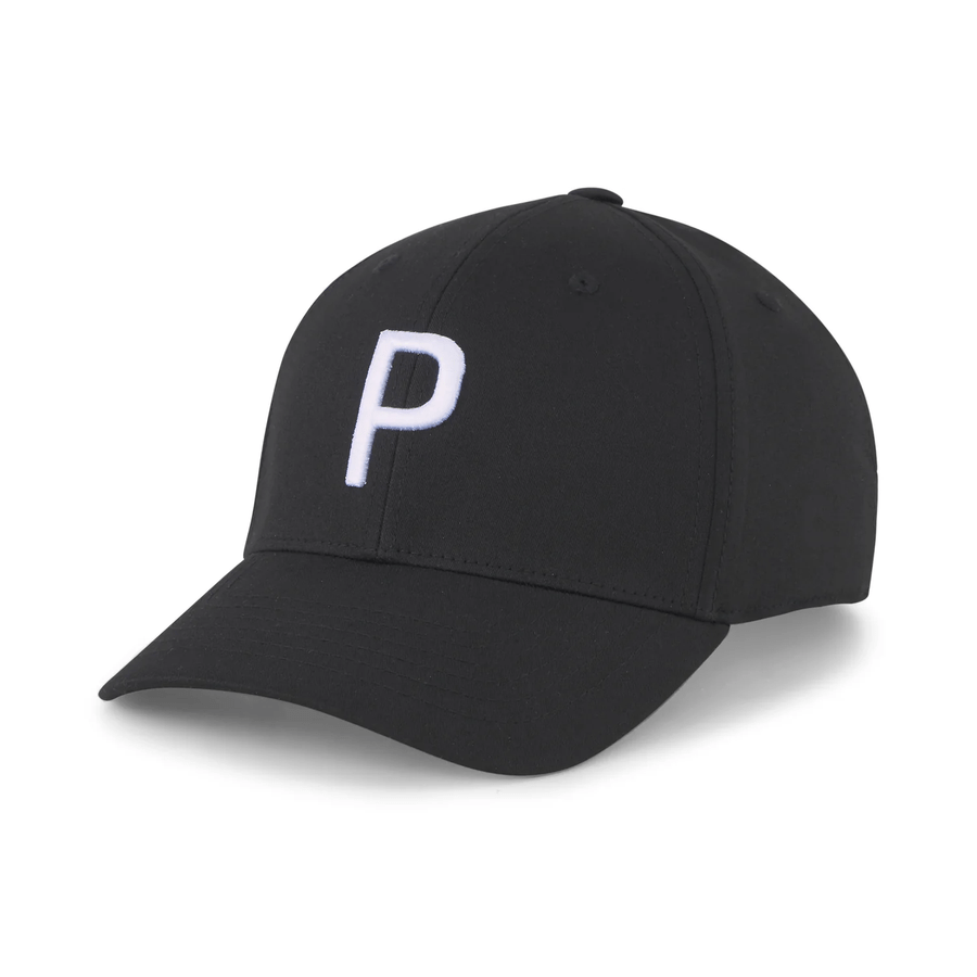 The Puma Structured P Cap features a black design with a curved brim and a bold white P embroidered on the front. Its form-fitting, one-size-fits-all style ensures a sleek look and comfortable fit.