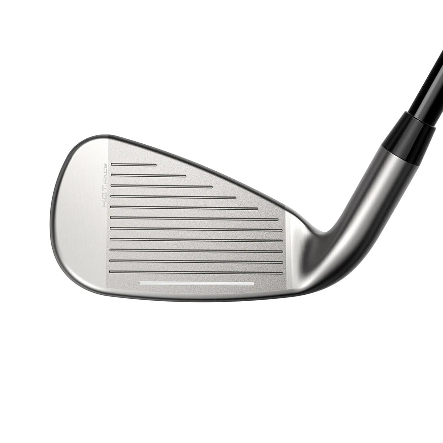 Close-up of a silver Cobra Ladies DS-ADAPT Max iron club head, highlighting the grooved face and black shaft angled upward to the right for maximum forgiveness.