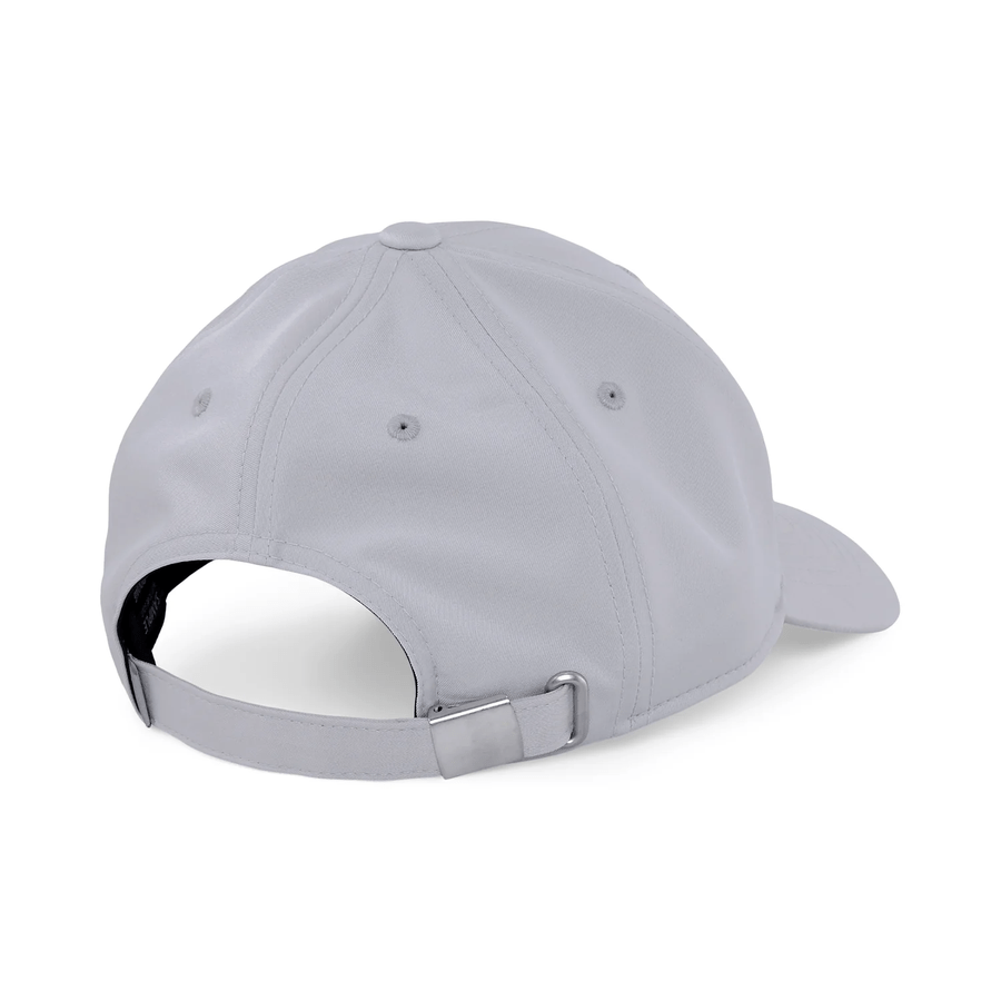 The Puma Structured P Cap in light gray is shown from the back, highlighting its form-fitting design, adjustable strap with metal clasp, and stitched ventilation eyelets on the crown.