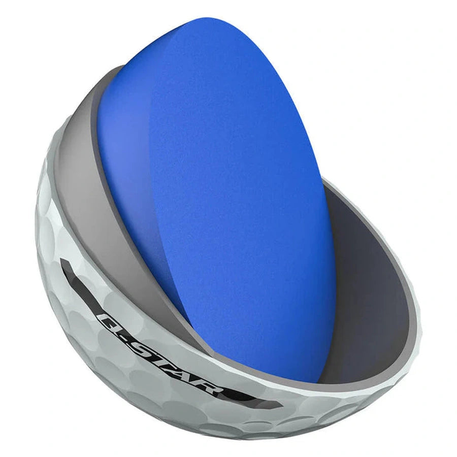 A Srixon Q-Star UltiSpeed 2025 Golf Ball, white with a dimpled Speed Dimple pattern, is sliced open to reveal its smooth blue FastLayer Core. The outer shell displays the OLSTAR brand name.