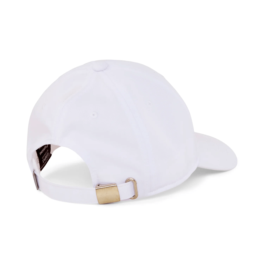 The Puma Structured P Cap in white, shown from the back, features a form-fitting design, adjustable strap with metal buckle, and side eyelets for ventilation.
