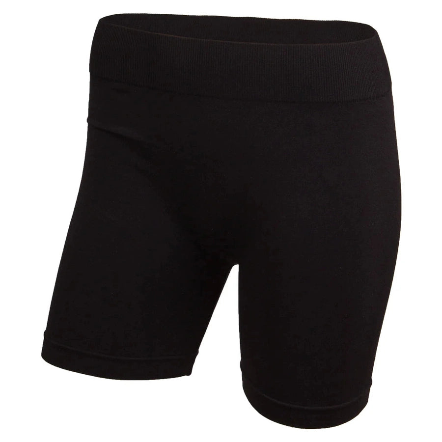 The Greg Norman Seamless Short For Dresses is a black, fitted, knee-length ladies short with a wide elastic waistband, shown against a plain white background.