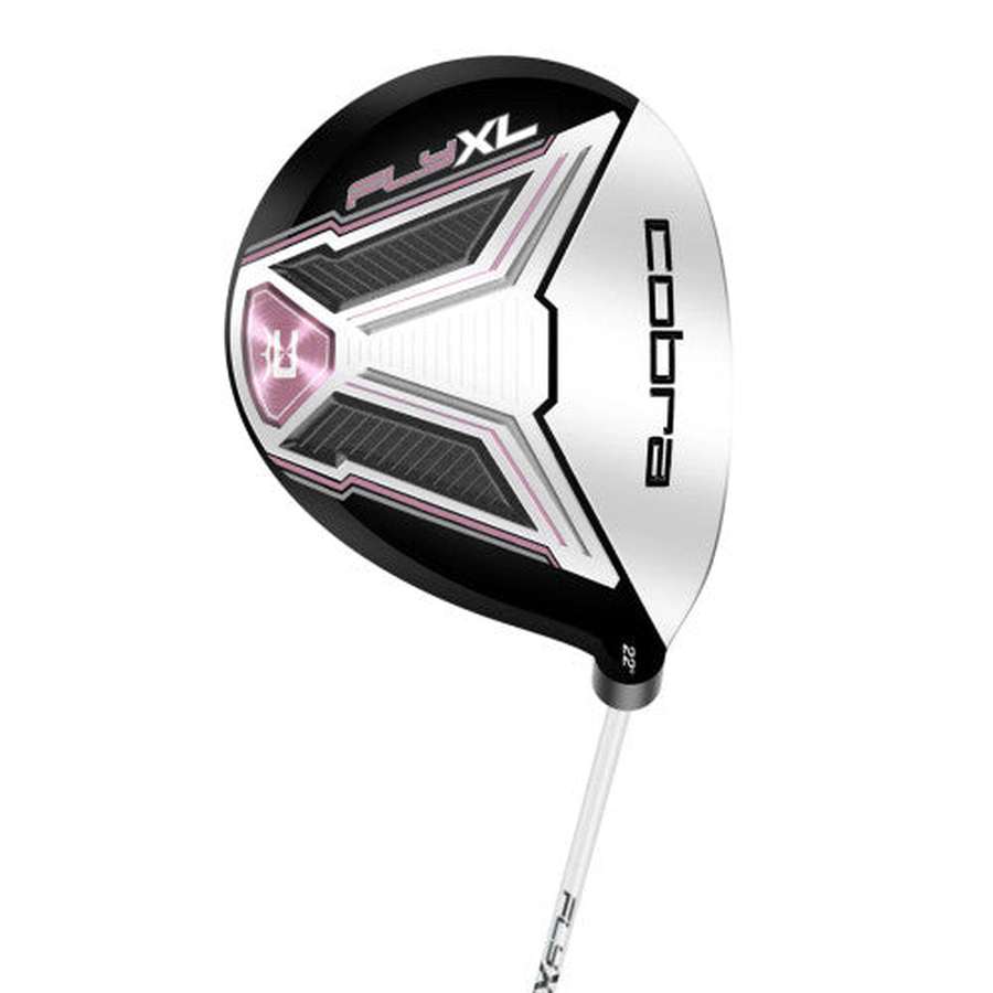 A close-up of a Cobra Ladies Fly-XL 2 Complete Golf Set driver head, showcasing its black, white, and pink design with the Cobra logo and FLY-XL branding—one of the lightweight, forgiving clubs in this women’s set.