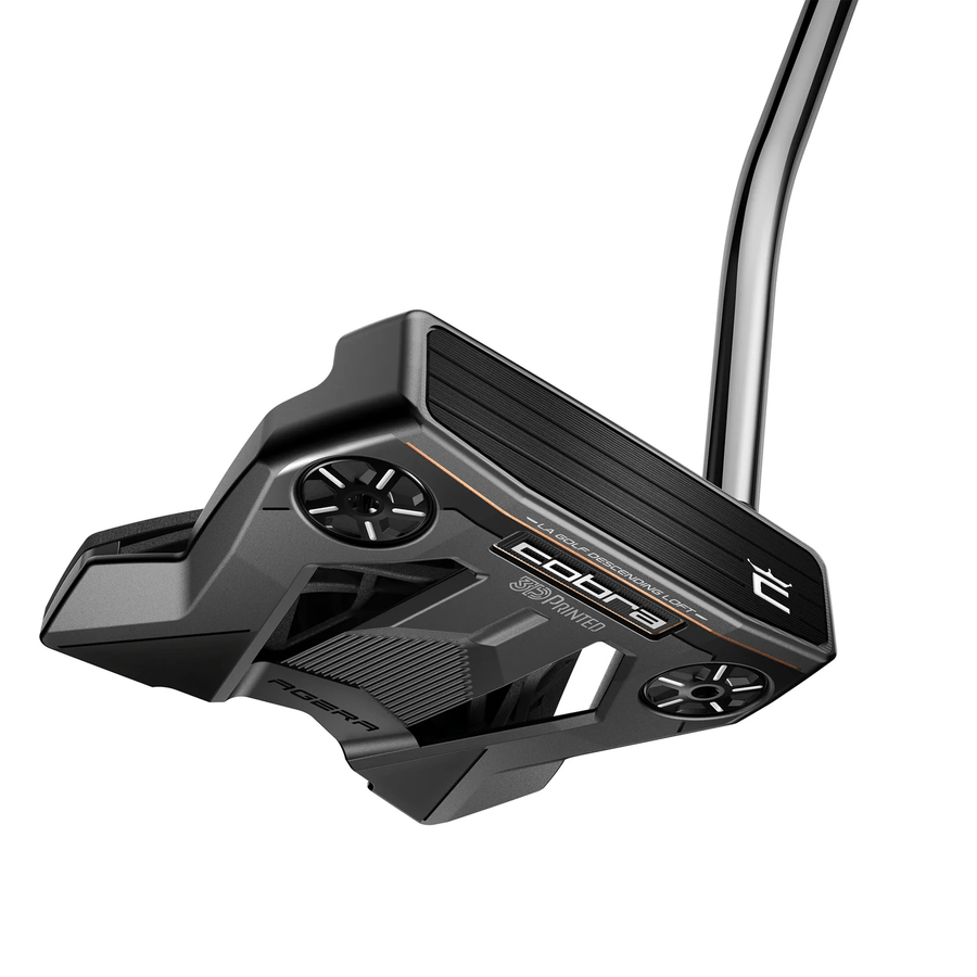 A close-up of the Cobra 3D Printed Agera Counter Balanced Putter, showcasing its black, modern angular design with metallic accents and Descending Loft Technology on the head and shaft against a white background.